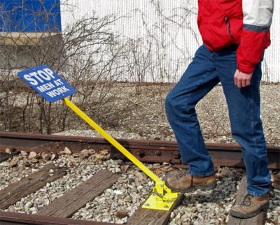 Aldon foot operated railroad blue flag sign