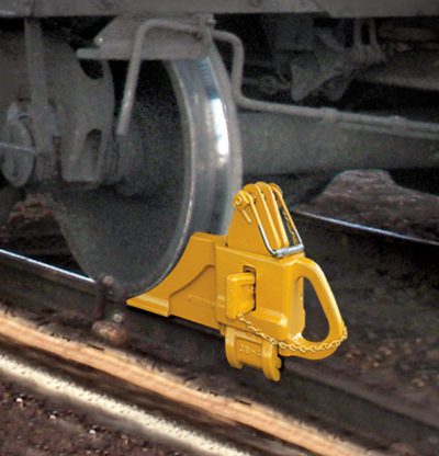 Aldon railroad car block for chocking railcars with wedge