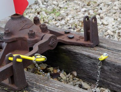 Aldon railroad switch stand turnout and derail safety hook